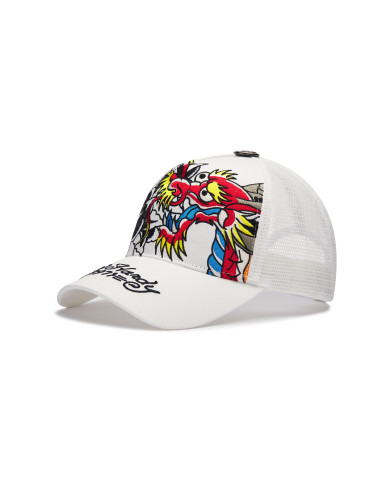 Ed Hardy - 1971 Dragon And Roses Embroidered 5 Panel Trucker Cap - White