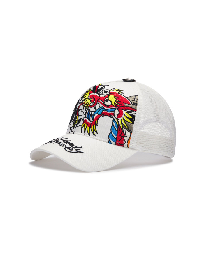 Ed Hardy - 1971 Dragon And Roses Embroidered 5 Panel Trucker Cap - White