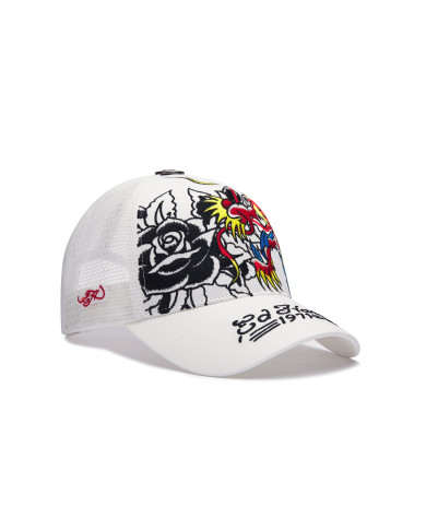 Ed Hardy - 1971 Dragon And Roses Embroidered 5 Panel Trucker Cap - White