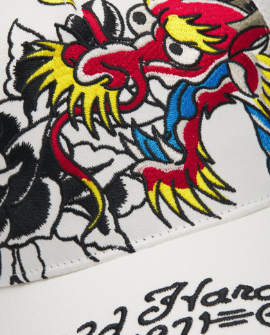 Ed Hardy - 1971 Dragon And Roses Embroidered 5 Panel Trucker Cap - White