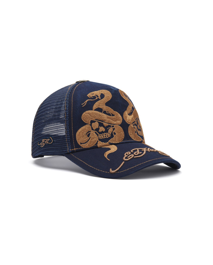 Ed Hardy - Skull And Snakes Graphic 6 Panel Trucker Cap - Blue
