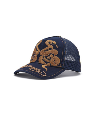 Ed Hardy - Skull And Snakes Graphic 6 Panel Trucker Cap - Blue