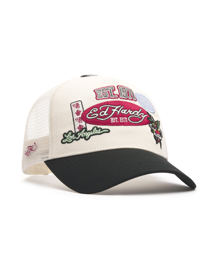 Ed Hardy - Est 1971 Varsity Badge 5 Panel Trucker - White / Black