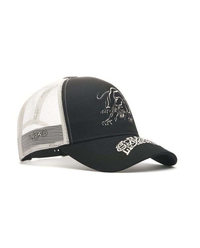 Ed Hardy - Contrast Stitch Panther Graphic 5 Panel Trucker Cap - Black / White