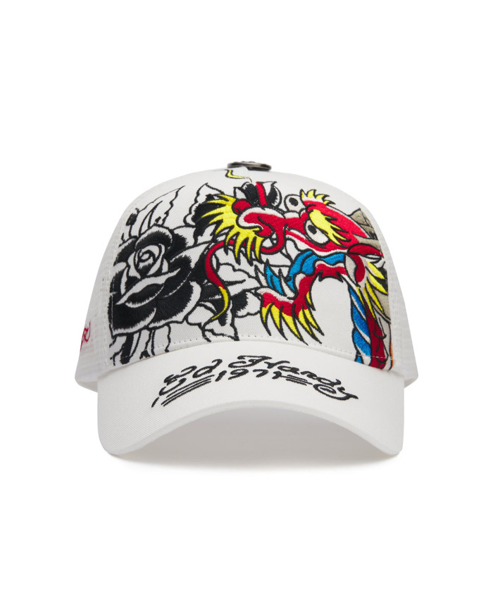 Ed Hardy - Embroidered 1971 Koi Fish 5 Panel Trucker Cap - Black