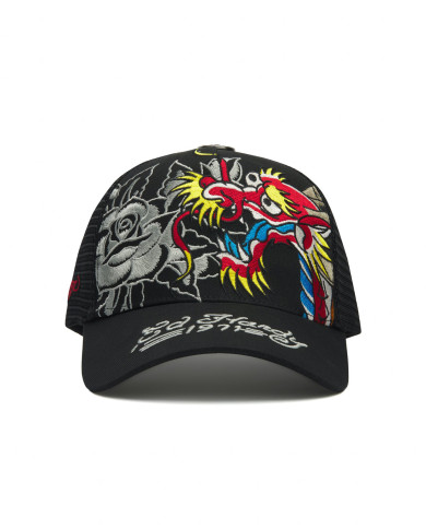 Ed Hardy - 1971 Dragon And Roses Graphic 5 Panel Trucker Cap - Black