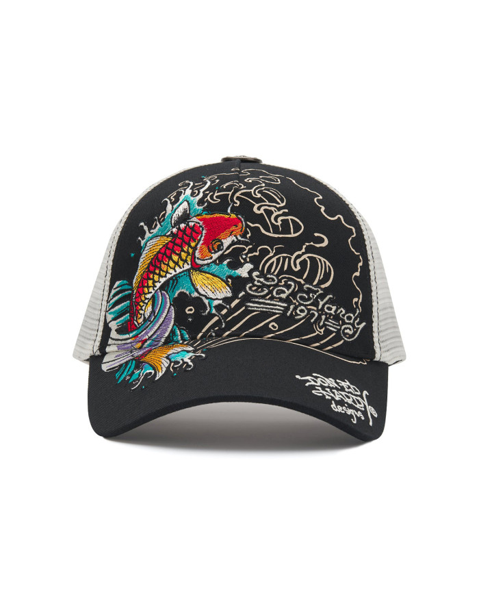 Ed Hardy - Embroidered 1971 Koi Fish 5 Panel Trucker Cap - Black