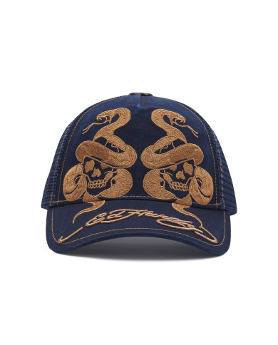 Ed Hardy - Skull And Snakes Graphic 6 Panel Trucker Cap - Blue