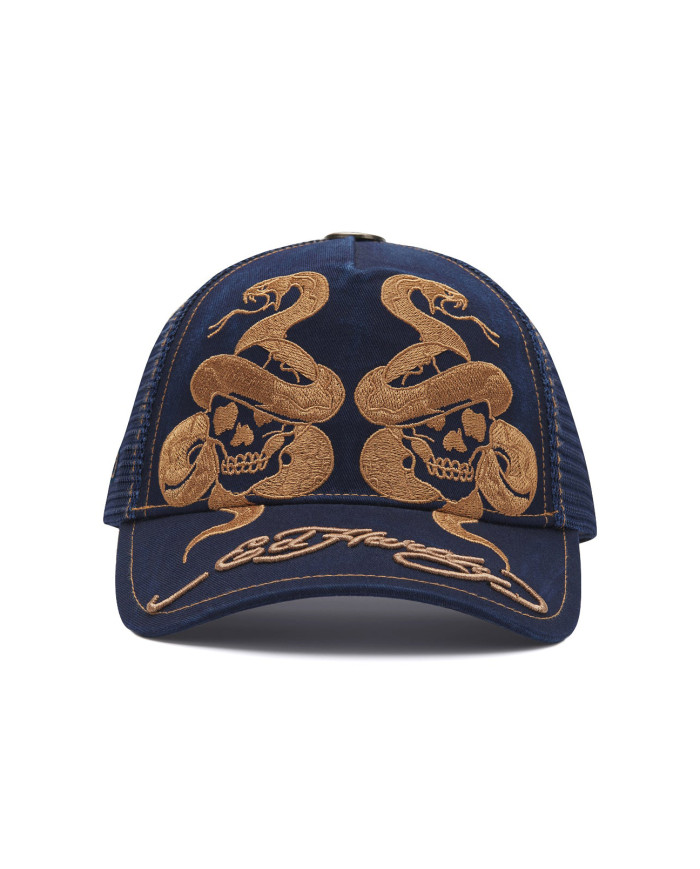 Ed Hardy - Skull And Snakes Graphic 6 Panel Trucker Cap - Blue